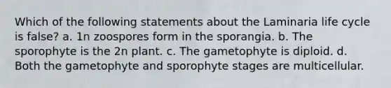 Which of the following statements about the Laminaria life cycle is false? a. 1n zoospores form in the sporangia. b. The sporophyte is the 2n plant. c. The gametophyte is diploid. d. Both the gametophyte and sporophyte stages are multicellular.