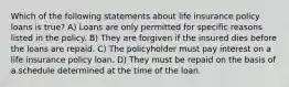 Which of the following statements about life insurance policy loans is true? A) Loans are only permitted for specific reasons listed in the policy. B) They are forgiven if the insured dies before the loans are repaid. C) The policyholder must pay interest on a life insurance policy loan. D) They must be repaid on the basis of a schedule determined at the time of the loan.