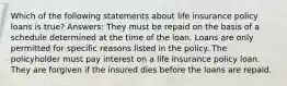 Which of the following statements about life insurance policy loans is true? Answers: They must be repaid on the basis of a schedule determined at the time of the loan. Loans are only permitted for specific reasons listed in the policy. The policyholder must pay interest on a life insurance policy loan. They are forgiven if the insured dies before the loans are repaid.