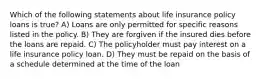 Which of the following statements about life insurance policy loans is true? A) Loans are only permitted for specific reasons listed in the policy. B) They are forgiven if the insured dies before the loans are repaid. C) The policyholder must pay interest on a life insurance policy loan. D) They must be repaid on the basis of a schedule determined at the time of the loan