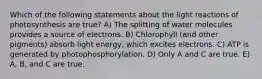 Which of the following statements about the light reactions of photosynthesis are true? A) The splitting of water molecules provides a source of electrons. B) Chlorophyll (and other pigments) absorb light energy, which excites electrons. C) ATP is generated by photophosphorylation. D) Only A and C are true. E) A, B, and C are true.