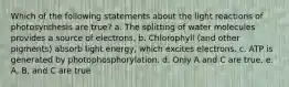 Which of the following statements about the light reactions of photosynthesis are true? a. The splitting of water molecules provides a source of electrons. b. Chlorophyll (and other pigments) absorb light energy, which excites electrons. c. ATP is generated by photophosphorylation. d. Only A and C are true. e. A, B, and C are true