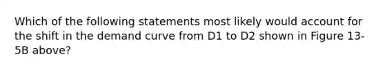 Which of the following statements most likely would account for the shift in the demand curve from D1 to D2 shown in Figure 13-5B above?