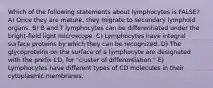 Which of the following statements about lymphocytes is FALSE? A) Once they are mature, they migrate to secondary lymphoid organs. B) B and T lymphocytes can be differentiated under the bright-field light microscope. C) Lymphocytes have integral surface proteins by which they can be recognized. D) The glycoproteins on the surface of a lymphocyte are designated with the prefix CD, for "cluster of differentiation." E) Lymphocytes have different types of CD molecules in their cytoplasmic membranes.