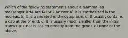 Which of the following statements about a mammalian messenger RNA are FALSE? Answer a) It is synthesized in the nucleus. b) It is translated in the cytoplasm. c) It usually contains a cap at the 5' end. d) It is usually much smaller than the initial transcript (that is copied directly from the gene). e) None of the above.