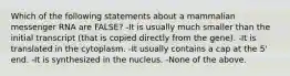 Which of the following statements about a mammalian messenger RNA are FALSE? -It is usually much smaller than the initial transcript (that is copied directly from the gene). -It is translated in the cytoplasm. -It usually contains a cap at the 5' end. -It is synthesized in the nucleus. -None of the above.