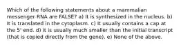 Which of the following statements about a mammalian messenger RNA are FALSE? a) It is synthesized in the nucleus. b) It is translated in the cytoplasm. c) It usually contains a cap at the 5' end. d) It is usually much smaller than the initial transcript (that is copied directly from the gene). e) None of the above.