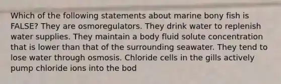 Which of the following statements about marine bony fish is FALSE? They are osmoregulators. They drink water to replenish water supplies. They maintain a body fluid solute concentration that is lower than that of the surrounding seawater. They tend to lose water through osmosis. Chloride cells in the gills actively pump chloride ions into the bod