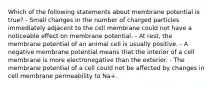 Which of the following statements about membrane potential is true? - Small changes in the number of charged particles immediately adjacent to the cell membrane could not have a noticeable effect on membrane potential. - At rest, the membrane potential of an animal cell is usually positive. - A negative membrane potential means that the interior of a cell membrane is more electronegative than the exterior. - The membrane potential of a cell could not be affected by changes in cell membrane permeability to Na+.