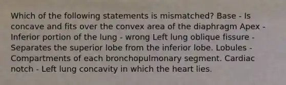 Which of the following statements is mismatched? Base - Is concave and fits over the convex area of the diaphragm Apex - Inferior portion of the lung - wrong Left lung oblique fissure - Separates the superior lobe from the inferior lobe. Lobules - Compartments of each bronchopulmonary segment. Cardiac notch - Left lung concavity in which the heart lies.