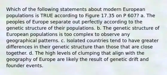 Which of the following statements about modern European populations is TRUE according to Figure 17.35 on P 607? a. The peoples of Europe separate out perfectly according to the genetic structure of their populations. b. The genetic structure of European populations is too complex to observe any geographical patterns. c. Isolated countries tend to have greater differences in their genetic structure than those that are close together. d. The high levels of clumping that align with the geography of Europe are likely the result of genetic drift and founder events.