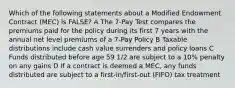 Which of the following statements about a Modified Endowment Contract (MEC) is FALSE? A The 7-Pay Test compares the premiums paid for the policy during its first 7 years with the annual net level premiums of a 7-Pay Policy B Taxable distributions include cash value surrenders and policy loans C Funds distributed before age 59 1/2 are subject to a 10% penalty on any gains D If a contract is deemed a MEC, any funds distributed are subject to a first-in/first-out (FIFO) tax treatment