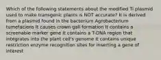 Which of the following statements about the modified Ti plasmid used to make transgenic plants is NOT accurate? It is derived from a plasmid found in the bacterium Agrobacterium tumefaciens It causes crown gall formation It contains a screenable marker gene It contains a T-DNA region that integrates into the plant cell's genome It contains unique restriction enzyme recognition sites for inserting a gene of interest