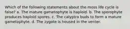 Which of the following statements about the moss life cycle is false? a. The mature gametophyte is haploid. b. The sporophyte produces haploid spores. c. The calyptra buds to form a mature gametophyte. d. The zygote is housed in the venter.