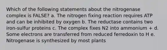 Which of the following statements about the nitrogenase complex is FALSE? a. The nitrogen fixing reaction requires ATP and can be inhibited by oxygen b. The reductase contains two iron-sulfur proteins c. The complex fixes N2 into ammonium + d. Some electrons are transferred from reduced ferredoxin to H e. Nitrogenase is synthesized by most plants