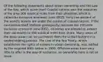 Of the following statements about ocean ownership and the Law of the Sea, which is/are true? Coastal nations own the resources of the area 200 nautical miles from their shoreline, which is called the exclusive economic zone (EEZ). Forty-two percent of the world's oceans are under the control of coastal nations. If the continental shelf (defined geologically) exceeds the 200-mile exclusive economic zone (EEZ), countries are allowed to extend their ownership to 350 nautical miles from shore. Many areas of the deep ocean can be purchased from the United Nations in a sealed bidding process. The Law of the Sea Treaty, which establishes the rights of nations in ocean ownership, was ratified by the required 60th nation in 1993. Offshore areas have very little to offer in the way of resources, so ownership here is not an issue.