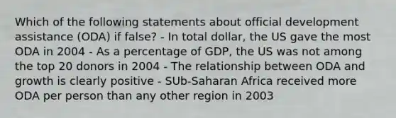 Which of the following statements about official development assistance (ODA) if false? - In total dollar, the US gave the most ODA in 2004 - As a percentage of GDP, the US was not among the top 20 donors in 2004 - The relationship between ODA and growth is clearly positive - SUb-Saharan Africa received more ODA per person than any other region in 2003