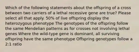 Which of the following statements about the offspring of a cross between two carriers of a lethal recessive gene are true? Please select all that apply. 50% of live offspring display the heterozygous phenotype The genotypes of the offspring follow the same Mendelian patterns as for crosses not involving lethal genes Where the wild-type gene is dominant, all surviving offspring have the same phenotype Offspring genotypes follow a 2:1 ratio