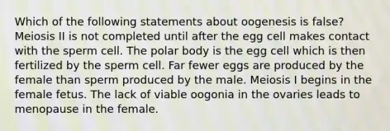 Which of the following statements about oogenesis is false? Meiosis II is not completed until after the egg cell makes contact with the sperm cell. The polar body is the egg cell which is then fertilized by the sperm cell. Far fewer eggs are produced by the female than sperm produced by the male. Meiosis I begins in the female fetus. The lack of viable oogonia in the ovaries leads to menopause in the female.