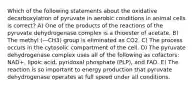 Which of the following statements about the oxidative decarboxylation of pyruvate in aerobic conditions in animal cells is correct? A) One of the products of the reactions of the pyruvate dehydrogenase complex is a thioester of acetate. B) The methyl (—CH3) group is eliminated as CO2. C) The process occurs in the cytosolic compartment of the cell. D) The pyruvate dehydrogenase complex uses all of the following as cofactors: NAD+, lipoic acid, pyridoxal phosphate (PLP), and FAD. E) The reaction is so important to energy production that pyruvate dehydrogenase operates at full speed under all conditions.