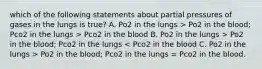 which of the following statements about partial pressures of gases in the lungs is true? A. Po2 in the lungs > Po2 in the blood; Pco2 in the lungs > Pco2 in the blood B. Po2 in the lungs > Po2 in the blood; Pco2 in the lungs Po2 in the blood; Pco2 in the lungs = Pco2 in the blood.