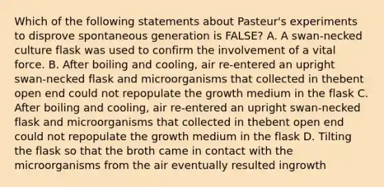 Which of the following statements about Pasteur's experiments to disprove spontaneous generation is FALSE? A. A swan-necked culture flask was used to confirm the involvement of a vital force. B. After boiling and cooling, air re-entered an upright swan-necked flask and microorganisms that collected in thebent open end could not repopulate the growth medium in the flask C. After boiling and cooling, air re-entered an upright swan-necked flask and microorganisms that collected in thebent open end could not repopulate the growth medium in the flask D. Tilting the flask so that the broth came in contact with the microorganisms from the air eventually resulted ingrowth