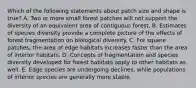 Which of the following statements about patch size and shape is true? A. Two or more small forest patches will not support the diversity of an equivalent area of contiguous forest. B. Estimates of species diversity provide a complete picture of the effects of forest fragmentation on biological diversity. C. For square patches, the area of edge habitats increases faster than the area of interior habitats. D. Concepts of fragmentation and species diversity developed for forest habitats apply to other habitats as well. E. Edge species are undergoing declines, while populations of interior species are generally more stable.