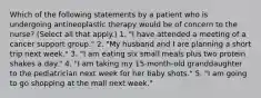 Which of the following statements by a patient who is undergoing antineoplastic therapy would be of concern to the nurse? (Select all that apply.) 1. "I have attended a meeting of a cancer support group." 2. "My husband and I are planning a short trip next week." 3. "I am eating six small meals plus two protein shakes a day." 4. "I am taking my 15-month-old granddaughter to the pediatrician next week for her baby shots." 5. "I am going to go shopping at the mall next week."