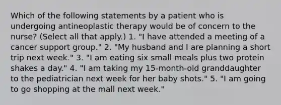 Which of the following statements by a patient who is undergoing antineoplastic therapy would be of concern to the nurse? (Select all that apply.) 1. "I have attended a meeting of a cancer support group." 2. "My husband and I are planning a short trip next week." 3. "I am eating six small meals plus two protein shakes a day." 4. "I am taking my 15-month-old granddaughter to the pediatrician next week for her baby shots." 5. "I am going to go shopping at the mall next week."