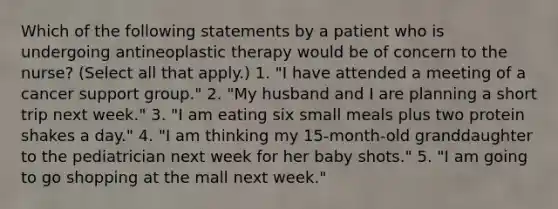 Which of the following statements by a patient who is undergoing antineoplastic therapy would be of concern to the nurse? (Select all that apply.) 1. "I have attended a meeting of a cancer support group." 2. "My husband and I are planning a short trip next week." 3. "I am eating six small meals plus two protein shakes a day." 4. "I am thinking my 15-month-old granddaughter to the pediatrician next week for her baby shots." 5. "I am going to go shopping at the mall next week."