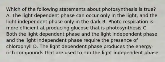 Which of the following statements about photosynthesis is true? A. The light dependent phase can occur only in the light, and the light independent phase only in the dark B. Photo respiration is more efficient at producing glucose that is photosynthesis C. Both the light dependent phase and the light independent phase and the light independent phase require the presence of chlorophyll D. The light dependent phase produces the energy-rich compounds that are used to run the light independent phase