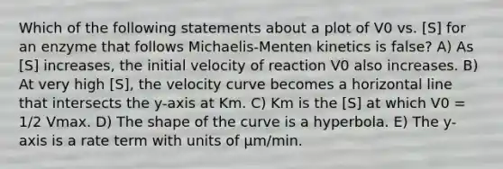 Which of the following statements about a plot of V0 vs. [S] for an enzyme that follows Michaelis-Menten kinetics is false? A) As [S] increases, the initial velocity of reaction V0 also increases. B) At very high [S], the velocity curve becomes a horizontal line that intersects the y-axis at Km. C) Km is the [S] at which V0 = 1/2 Vmax. D) The shape of the curve is a hyperbola. E) The y-axis is a rate term with units of μm/min.