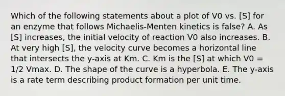 Which of the following statements about a plot of V0 vs. [S] for an enzyme that follows Michaelis-Menten kinetics is false? A. As [S] increases, the initial velocity of reaction V0 also increases. B. At very high [S], the velocity curve becomes a horizontal line that intersects the y-axis at Km. C. Km is the [S] at which V0 = 1/2 Vmax. D. The shape of the curve is a hyperbola. E. The y-axis is a rate term describing product formation per unit time.