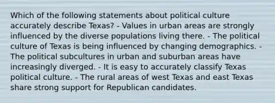 Which of the following statements about political culture accurately describe Texas? - Values in urban areas are strongly influenced by the diverse populations living there. - The political culture of Texas is being influenced by changing demographics. - The political subcultures in urban and suburban areas have increasingly diverged. - It is easy to accurately classify Texas political culture. - The rural areas of west Texas and east Texas share strong support for Republican candidates.