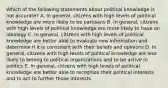 Which of the following statements about political knowledge is not accurate? A. In general, citizens with high levels of political knowledge are more likely to be partisans B. In general, citizens with high levels of political knowledge are more likely to have an ideology C. In general, citizens with high levels of political knowledge are better able to evaluate new information and determine if it is consistent with their beliefs and opinions D. In general, citizens with high levels of political knowledge are less likely to belong to political organizations and to be active in politics E. In general, citizens with high levels of political knowledge are better able to recognize their political interests and to act to further those interests