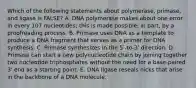 Which of the following statements about polymerase, primase, and ligase is FALSE? A. DNA polymerase makes about one error in every 107 nucleotides; this is made possible, in part, by a proofreading process. B. Primase uses DNA as a template to produce a DNA fragment that serves as a primer for DNA synthesis. C. Primase synthesizes in the 5ʹ-to-3ʹ direction. D. Primase can start a new polynucleotide chain by joining together two nucleotide triphosphates without the need for a base-paired 3' end as a starting point. E. DNA ligase reseals nicks that arise in the backbone of a DNA molecule.