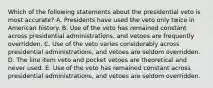 Which of the following statements about the presidential veto is most accurate? A. Presidents have used the veto only twice in American history. B. Use of the veto has remained constant across presidential administrations, and vetoes are frequently overridden. C. Use of the veto varies considerably across presidential administrations, and vetoes are seldom overridden. D. The line item veto and pocket vetoes are theoretical and never used. E. Use of the veto has remained constant across presidential administrations, and vetoes are seldom overridden.