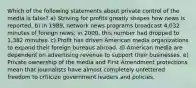 Which of the following statements about private control of the media is false? a) Striving for profits greatly shapes how news is reported. b) In 1989, network news programs broadcast 4,032 minutes of foreign news; in 2000, this number had dropped to 1,382 minutes. c) Profit has driven American media organizations to expand their foreign bureaus abroad. d) American media are dependent on advertising revenue to support their businesses. e) Private ownership of the media and First Amendment protections mean that journalists have almost completely unfettered freedom to criticize government leaders and policies.