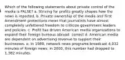 Which of the following statements about private control of the media is FALSE? a. Striving for profits greatly shapes how the news is reported. b. Private ownership of the media and First Amendment protections mean that journalists have almost completely unfettered freedom to criticize government leaders and policies. c. Profit has driven American media organizations to expand their foreign bureaus abroad. correct d. American media are dependent on advertising revenue to support their businesses. e. In 1989, network news programs broadcast 4,032 minutes of foreign news; in 2000, this number had dropped to 1,382 minutes.