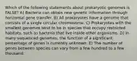 Which of the following statements about prokaryotic genomes is FALSE? A) Bacteria can obtain new genetic information through horizontal gene transfer. B) All prokaryotes have a genome that consists of a single circular chromosome. C) Prokaryotes with the smallest genomes tend to be in species that occupy restricted habitats, such as bacteria that live inside other organisms. D) In many sequenced genomes, the function of a significant percentage of genes is currently unknown. E) The number of genes between species can vary from a few hundred to a few thousand.