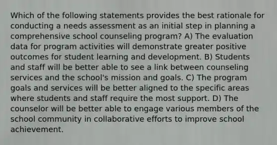 Which of the following statements provides the best rationale for conducting a needs assessment as an initial step in planning a comprehensive school counseling program? A) The evaluation data for program activities will demonstrate greater positive outcomes for student learning and development. B) Students and staff will be better able to see a link between counseling services and the school's mission and goals. C) The program goals and services will be better aligned to the specific areas where students and staff require the most support. D) The counselor will be better able to engage various members of the school community in collaborative efforts to improve school achievement.