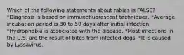 Which of the following statements about rabies is FALSE? *Diagnosis is based on immunofluorescent techniques. *Average incubation period is 30 to 50 days after initial infection. *Hydrophobia is associated with the disease. *Most infections in the U.S. are the result of bites from infected dogs. *It is caused by Lyssavirus.