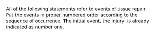 All of the following statements refer to events of tissue repair. Put the events in proper numbered order according to the sequence of occurrence. The initial event, the injury, is already indicated as number one.