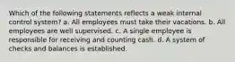 Which of the following statements reflects a weak internal control system? a. All employees must take their vacations. b. All employees are well supervised. c. A single employee is responsible for receiving and counting cash. d. A system of checks and balances is established.