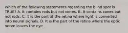 Which of the following statements regarding the blind spot is TRUE? A. It contains rods but not cones. B. It contains cones but not rods. C. It is the part of the retina where light is converted into neural signals. D. It is the part of the retina where the optic nerve leaves the eye.