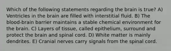 Which of the following statements regarding the brain is true? A) Ventricles in the brain are filled with interstitial fluid. B) The blood-brain barrier maintains a stable chemical environment for the brain. C) Layers of tissue, called epithelium, surround and protect the brain and spinal cord. D) White matter is mainly dendrites. E) Cranial nerves carry signals from the spinal cord.