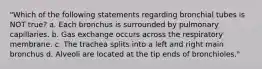 "Which of the following statements regarding bronchial tubes is NOT true? a. Each bronchus is surrounded by pulmonary capillaries. b. Gas exchange occurs across the respiratory membrane. c. The trachea splits into a left and right main bronchus d. Alveoli are located at the tip ends of bronchioles."