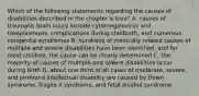 Which of the following statements regarding the causes of disabilities described in the chapter is true? A. causes of traumatic brain injury include cytomegalovirus and toxoplasmosis, complications during childbirth, and numerous congenital syndromes B. hundreds of medically related causes of multiple and severe disabilities have been identified, and for most children, the cause can be clearly determined C. the majority of causes of multiple and severe disabilities occur during birth D. about one third of all cases of moderate, severe, and profound intellectual disability are caused by Down syndrome, fragile X syndrome, and fetal alcohol syndrome