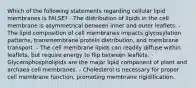 Which of the following statements regarding cellular lipid membranes is FALSE? - The distribution of lipids in the cell membrane is asymmetrical between inner and outer leaflets. - The lipid composition of cell membranes impacts glycosylation patterns, transmembrane protein distribution, and membrane transport. - The cell membrane lipids can readily diffuse within leaflets, but require energy to flip between leaflets. - Glycerophospholipids are the major lipid component of plant and archaea cell membranes. - Cholesterol is necessary for proper cell membrane function, promoting membrane rigidification.