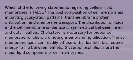 Which of the following statements regarding cellular lipid membranes is FALSE? The lipid composition of cell membranes impacts glycosylation patterns, transmembrane protein distribution, and membrane transport. The distribution of lipids in the cell membrane is identically symmetrical between inner and outer leaflets. Cholesterol is necessary for proper cell membrane function, promoting membrane rigidification. The cell membrane lipids can readily diffuse within leaflets, but require energy to flip between leaflets. Glycerophospholipids are the major lipid component of cell membranes.